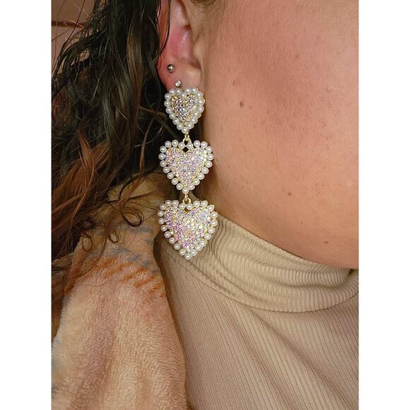 New Heart Rhinestone Iridsecent Pearl‎ Long Drag Pageant Earrings Formal Prom - Picture 2 of 2